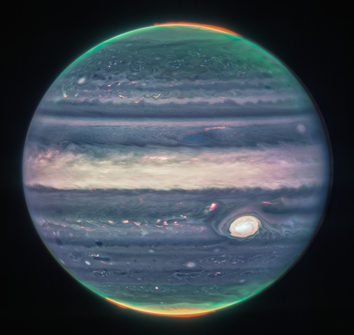 Фогорафия Юпитера с телескопа Джеймс Уэбб, с изображением полярного сияния и шторма